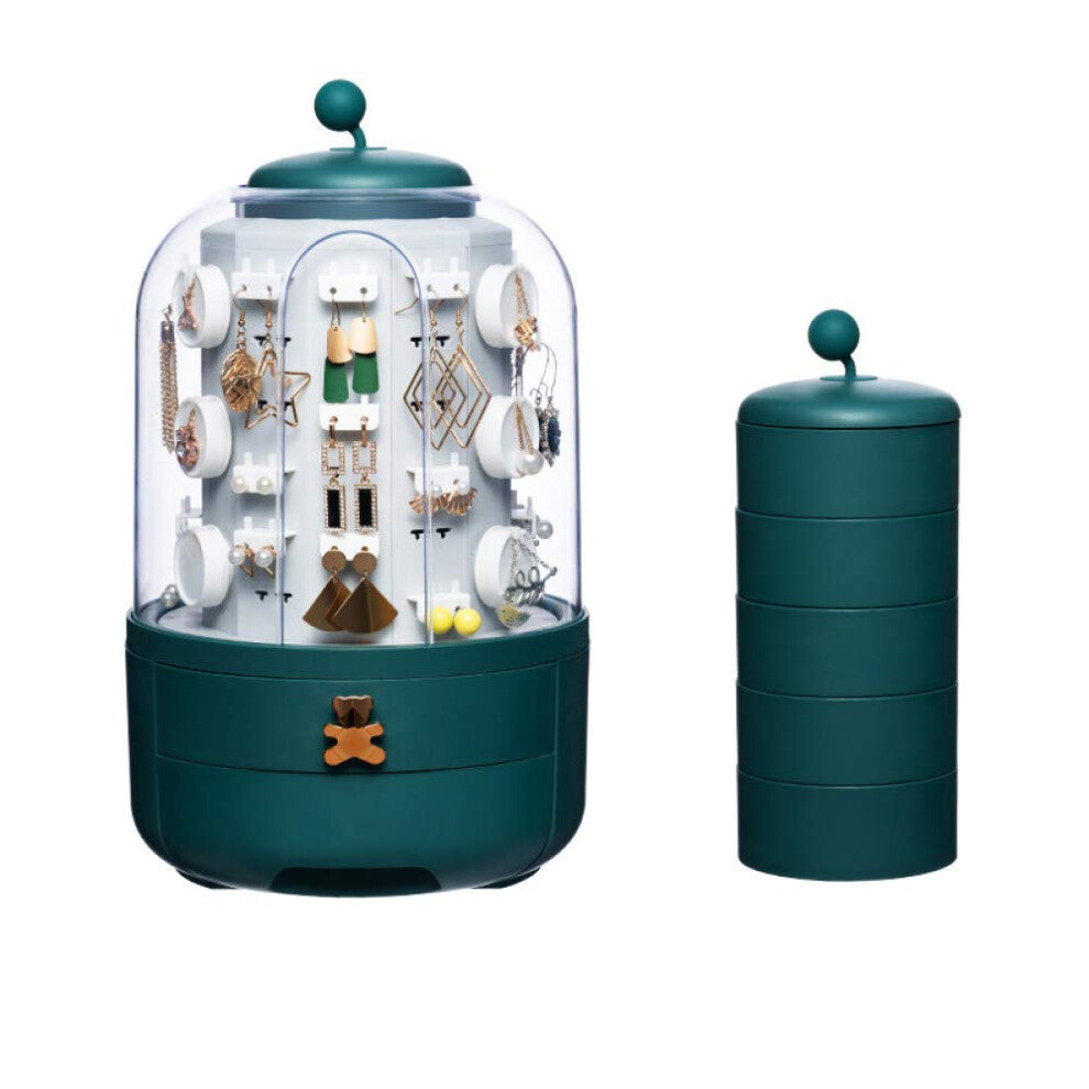 360 Degree Rotating Jewelry Box Transparent Cosmetic Storage For Earrings And Necklaces Green Desk Jewelry Case Women