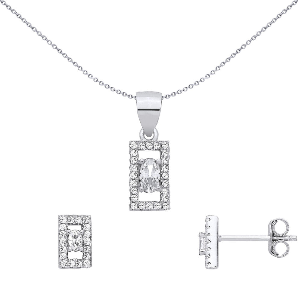Jewelco London Sterling Silver CZ Rectangle Earrings & Pendant Set - GSET688