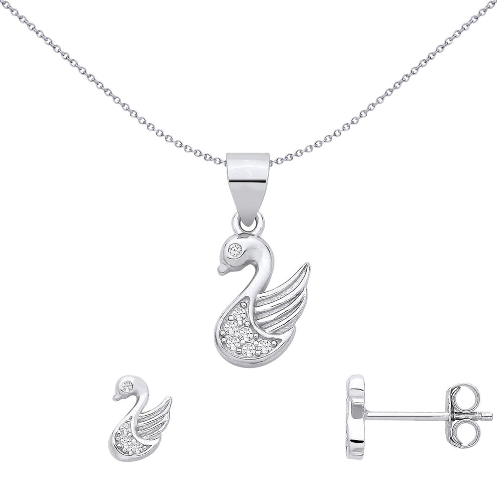 Jewelco London Sterling Silver CZ Swan Earrings & Pendant Set - GSET687