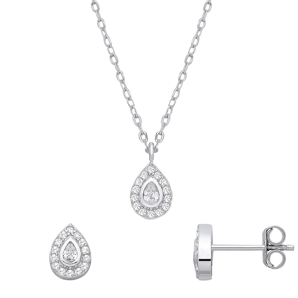 Jewelco London Sterling Silver CZ Tear Drop Earrings & Pendant Set - GSET689