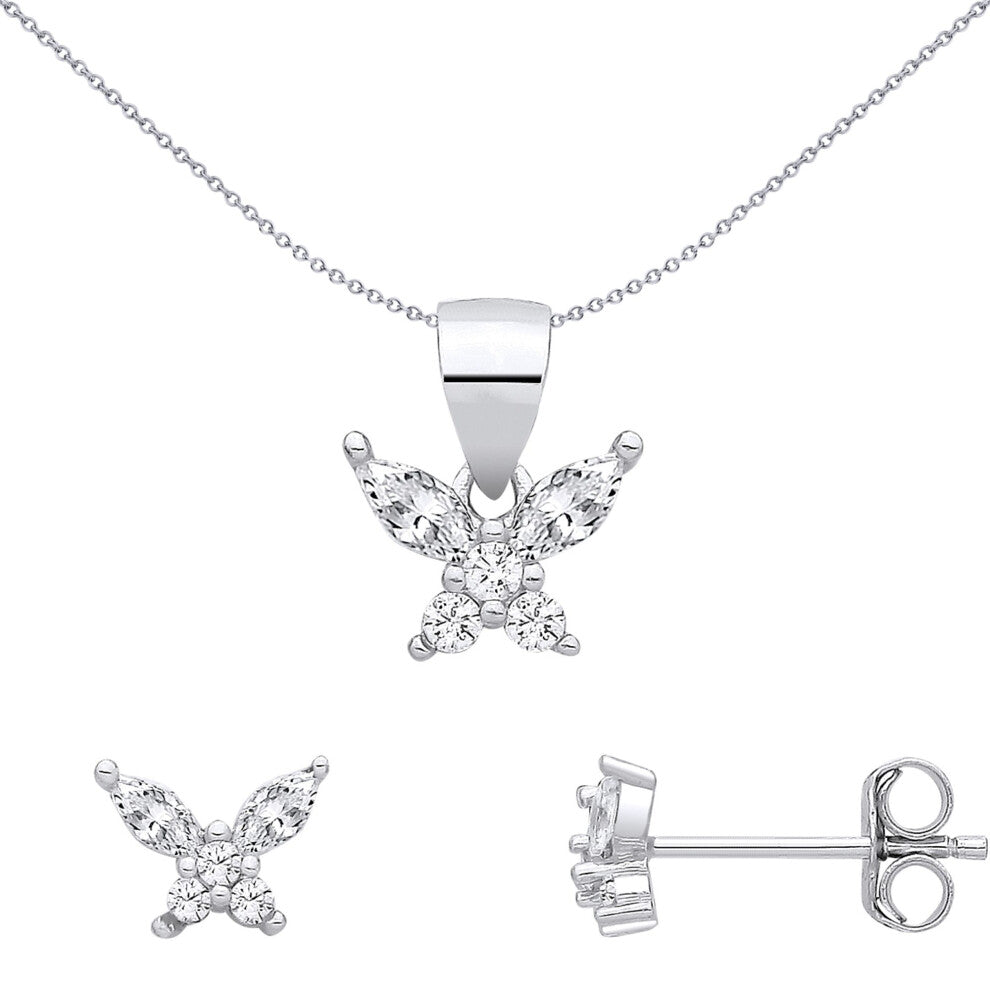 Jewelco London Sterling Silver CZ Butterfly Earrings & Pendant Set - GSET692