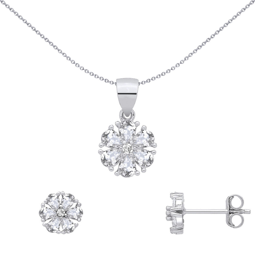 Jewelco London Sterling Silver CZ Flower Earrings & Pendant Set - GSET693