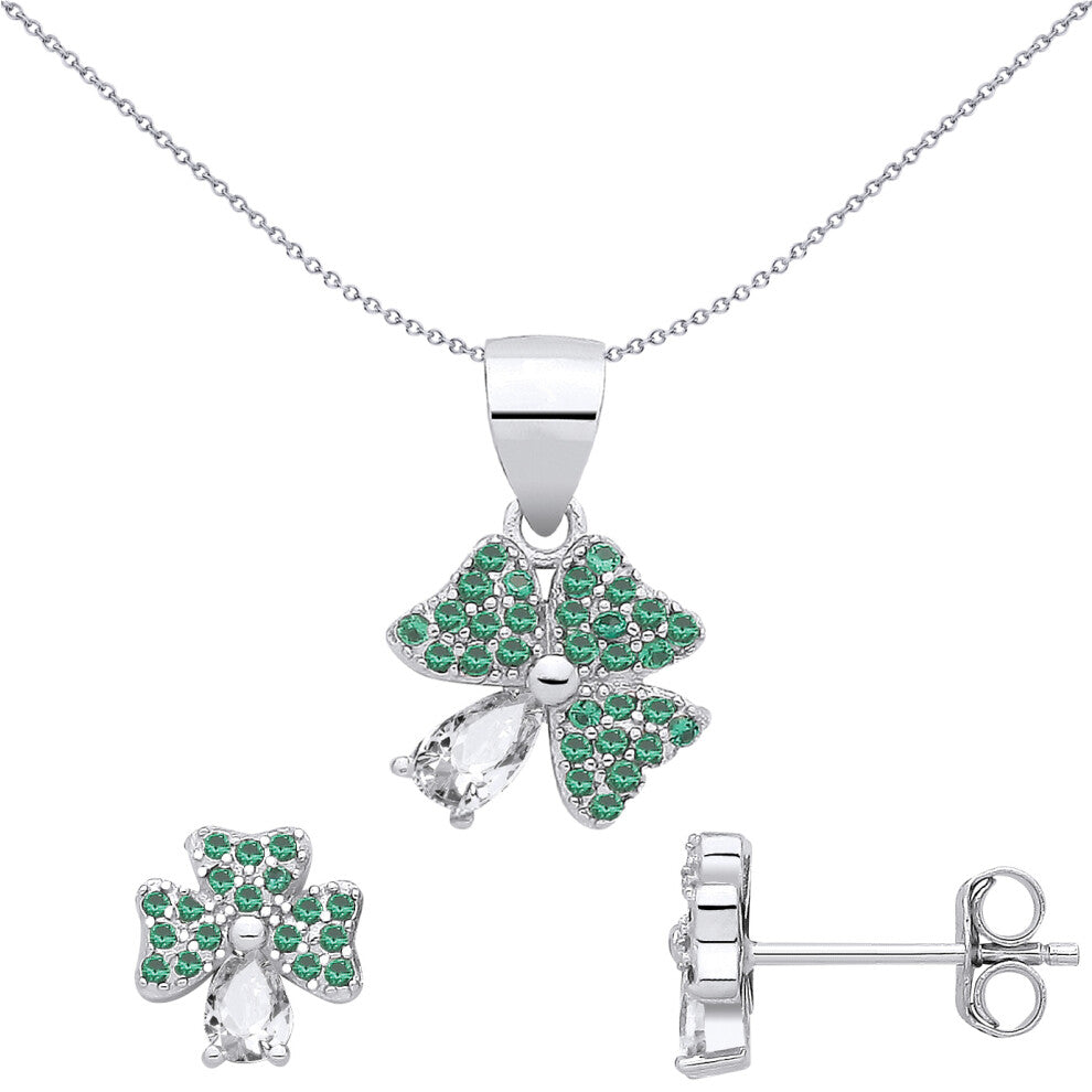 Jewelco London Sterling Silver CZ & Emerald 4 Leaf Clover Earrings & Pendant Set - GSET686