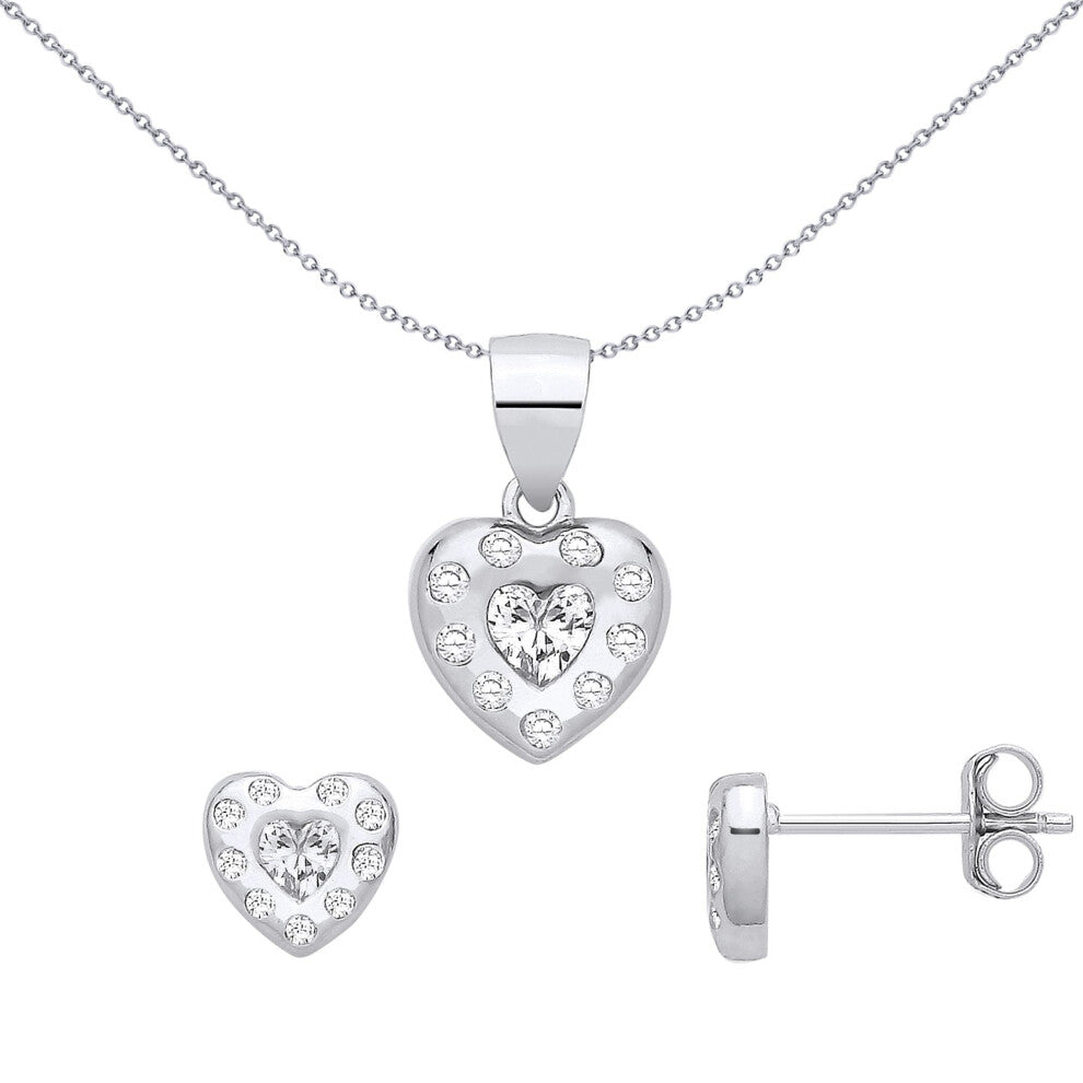 Jewelco London Sterling Silver CZ Heart Earrings & Pendant Set - GSET695