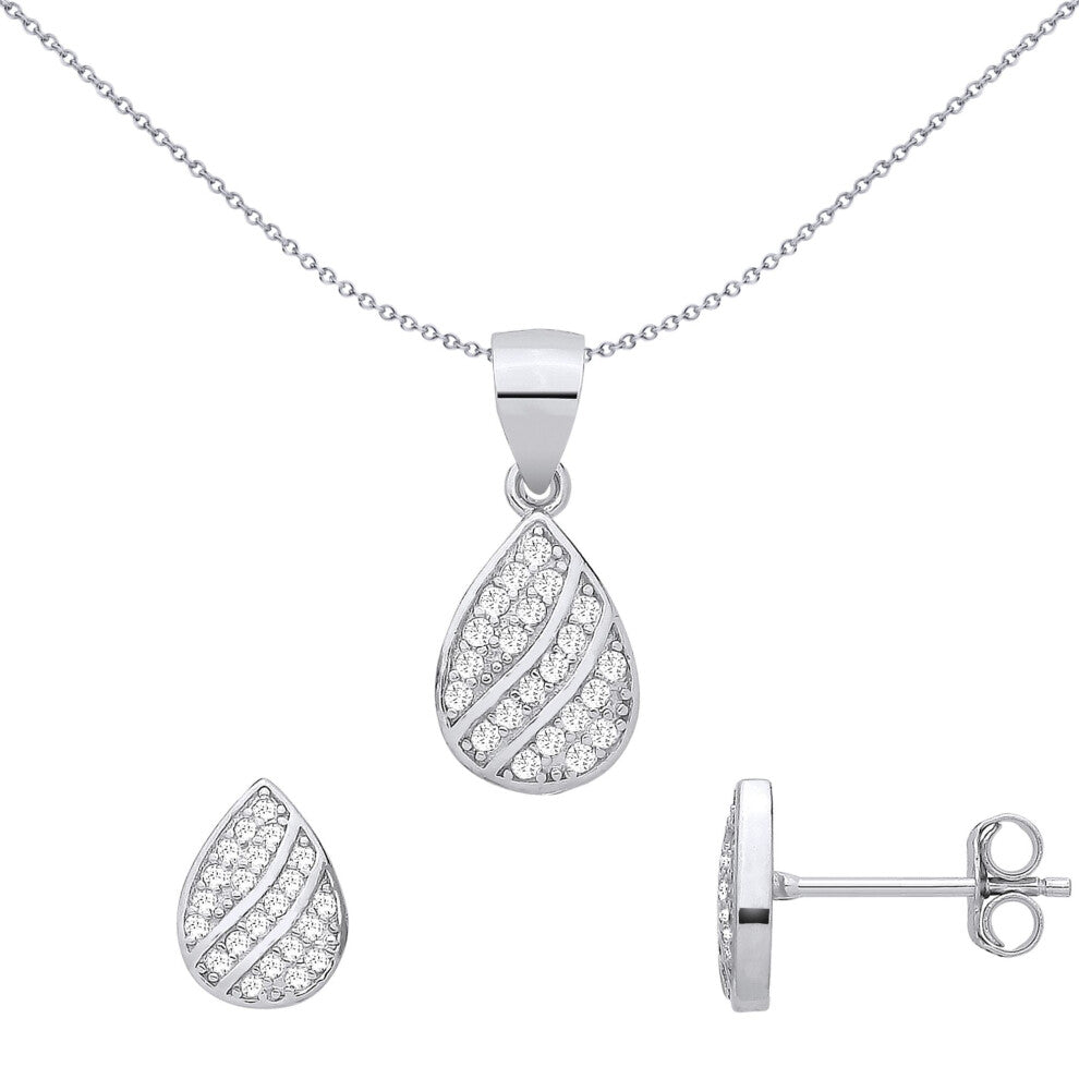 Jewelco London Sterling Silver CZ Tear Drop Earrings & Pendant Set - GSET690