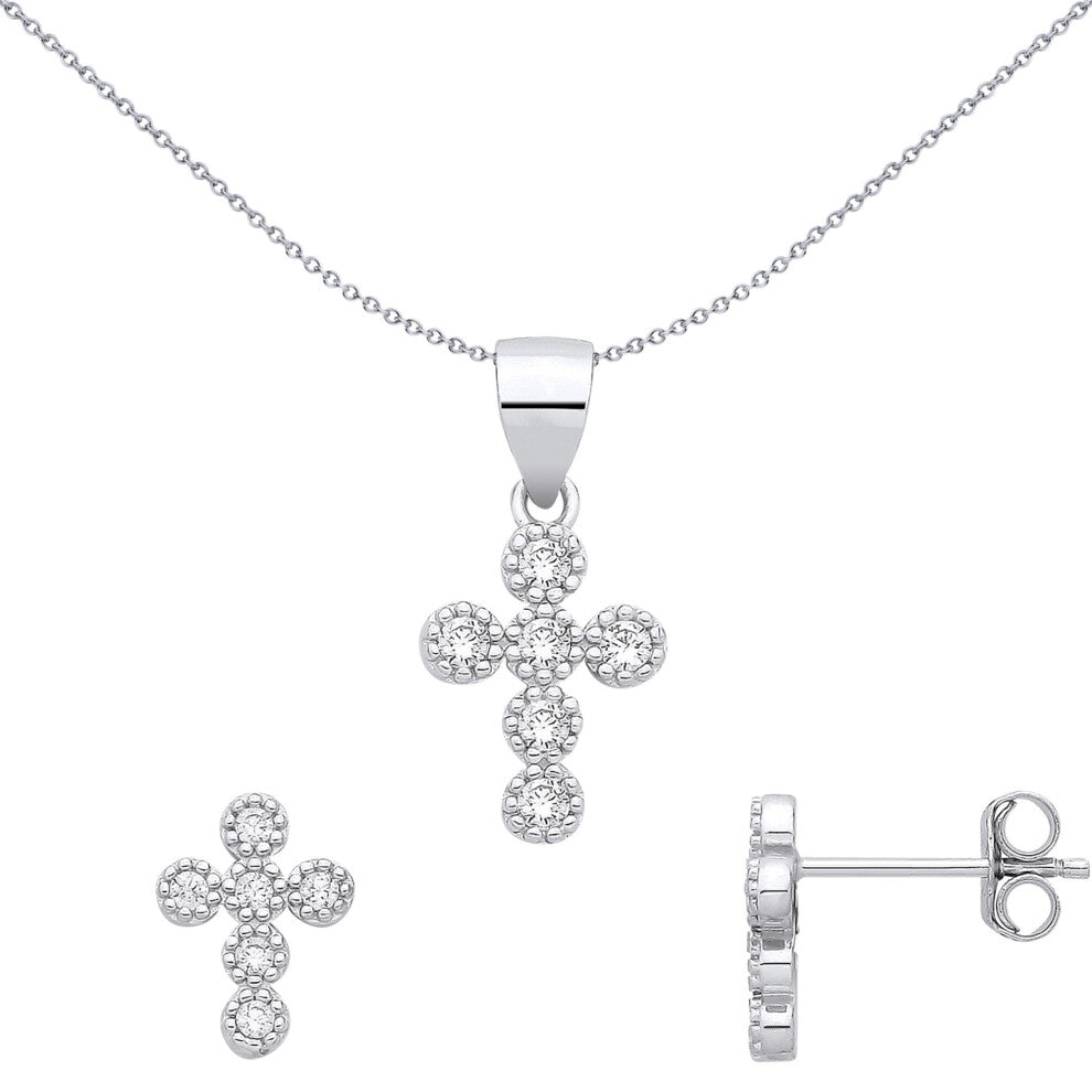 Jewelco London Sterling Silver CZ Cross Earrings & Pendant Set - GSET691