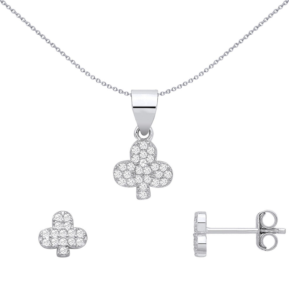 Jewelco London Sterling Silver CZ Clover Earrings & Pendant Set - GSET694
