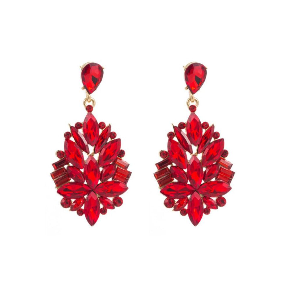 Big Rhinestone Dangle Drop Earrings For Women Crystal Teardrop Red Chandelier Style Retro Art Deco