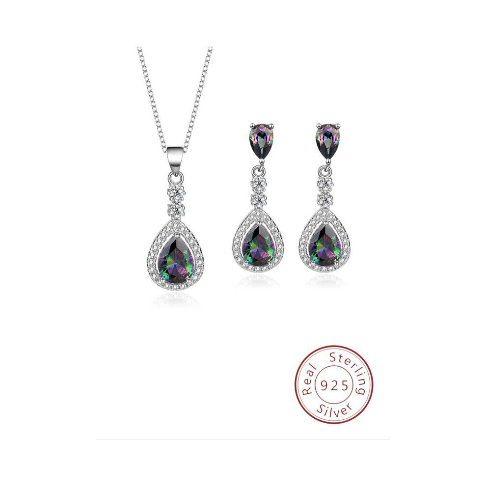 (Silver, one size fits all) S925 Sterling Silver Elegant Rhinestone Decor Tear Shaped Pendant Necklace & Dangle Earrings, Fashion Jewelry for Party, D