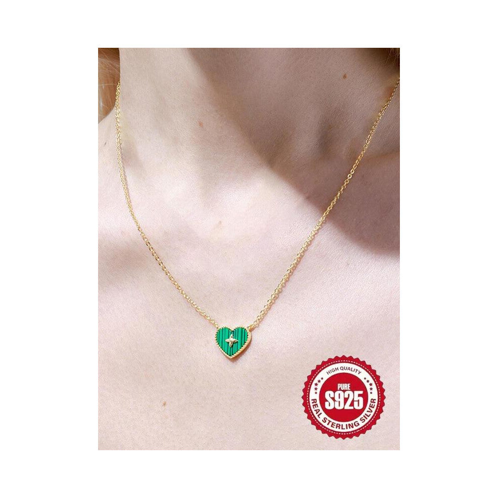 (Green, one-size) S925 Sterling Silver Heart Shaped Pendant Necklace for Women, Fashion Jewelry for Party, Daily Clothing Decor, Trendy All-match & Ex