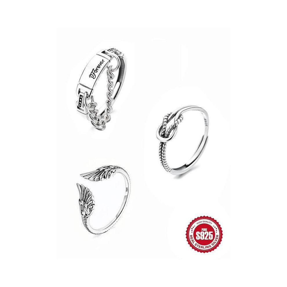 (Set1, one-size) S925 Sterling Silver Vintage Angel Wing Design Cuff Ring, Open Ring, Fashion Jewelry Accessories for Women & Girls, Trendy Exquisite