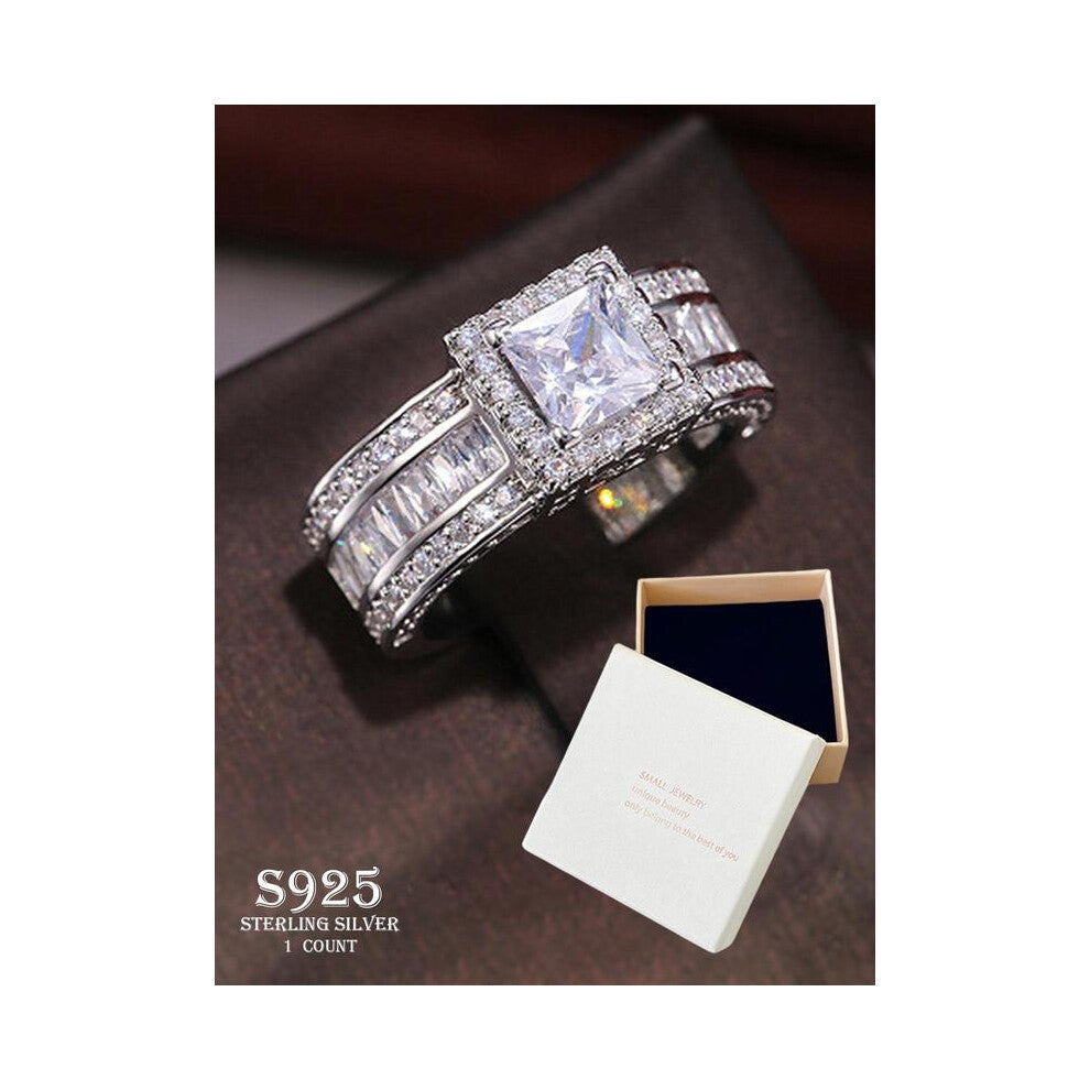 (Silver - Regular Gift Box, 8) Women's S925 Silver Color Engagement Ring, Classic Four-Claw Zircon Jewelry Gift for Her, Wedding Anniversary Present