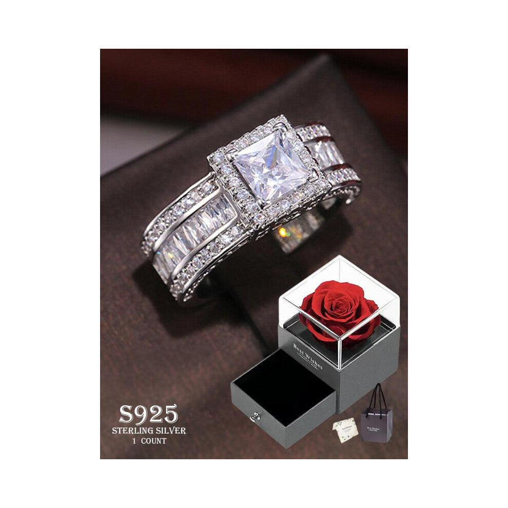 (Silver - Rose Gift Box, 9) Women's S925 Silver Color Engagement Ring, Classic Four-Claw Zircon Jewelry Gift for Her, Wedding Anniversary Present