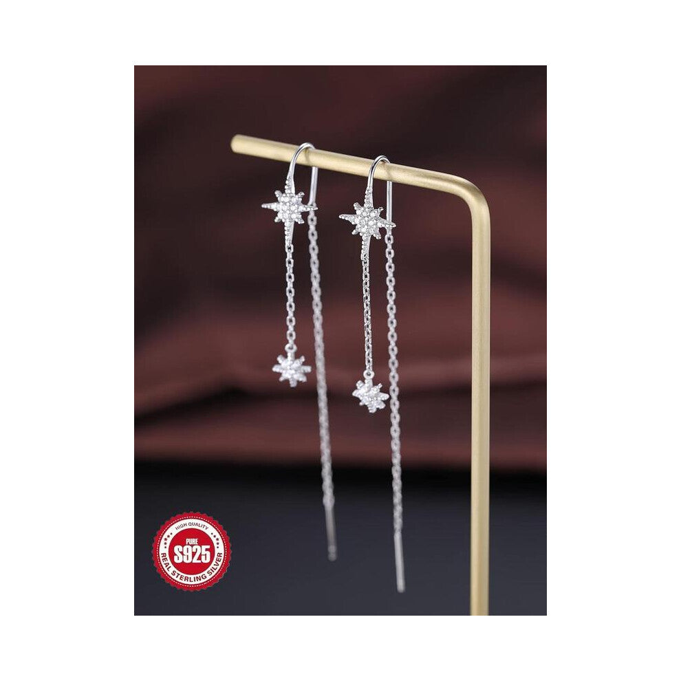 (Silver, 1 Pair) 925 Sterling Silver Star Design Dangle Earrings, Elegant Chain Tassel Design Earrings for Women