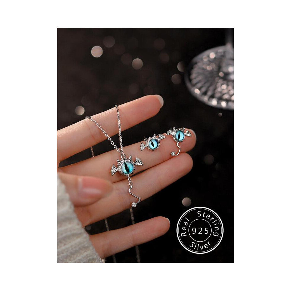 (Silver, one size fits all) 925 Sterling Silver Cute Devil Wing & Eye Design Pendant Necklace & Earrings, Fashion Jewelry for Party, Daily Decor, Tren