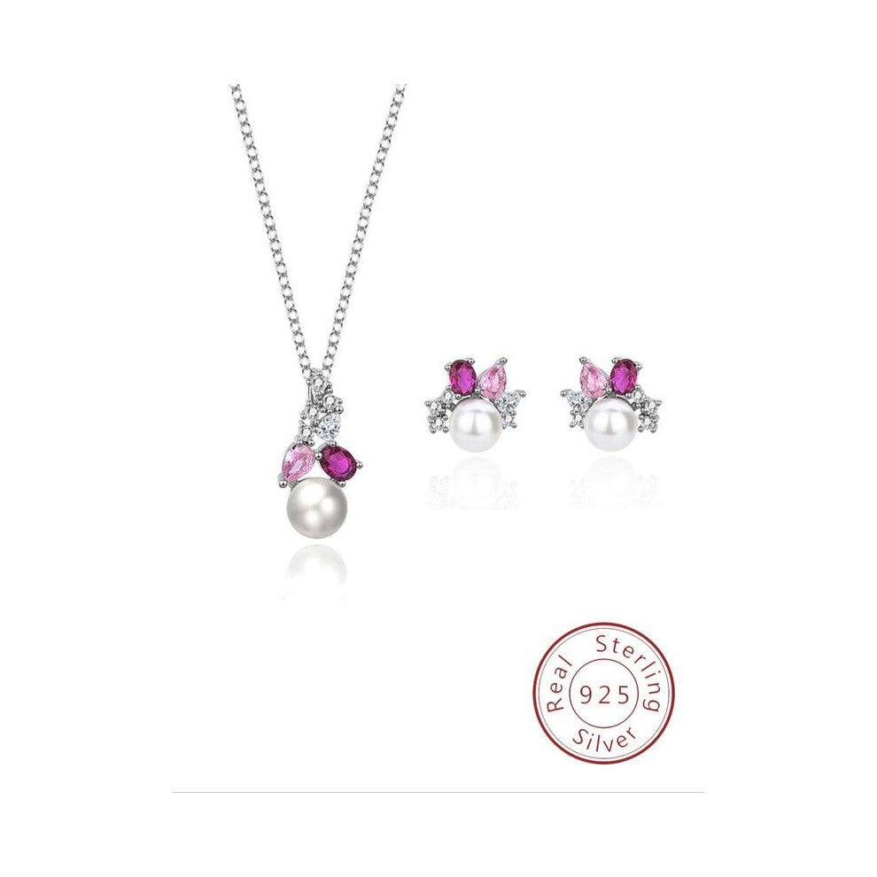 (Silver, one size fits all) 925 Sterling Silver Fashion Pearl & Pink Artificial Zircon Decorated Jewelry Set, Elegant Necklace & Stud Earrings, Trendy