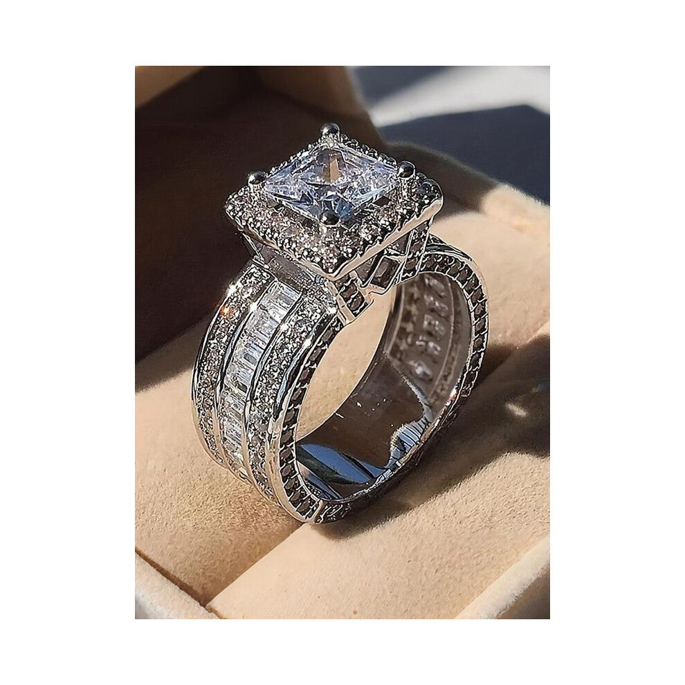 (Silver, 6) S925 Sterling Silver Women's Elegant Square Shaped Zirconia Ring, Exquisite Trendy Ring, Fashionable Jewelry Accessories for Women As Enga