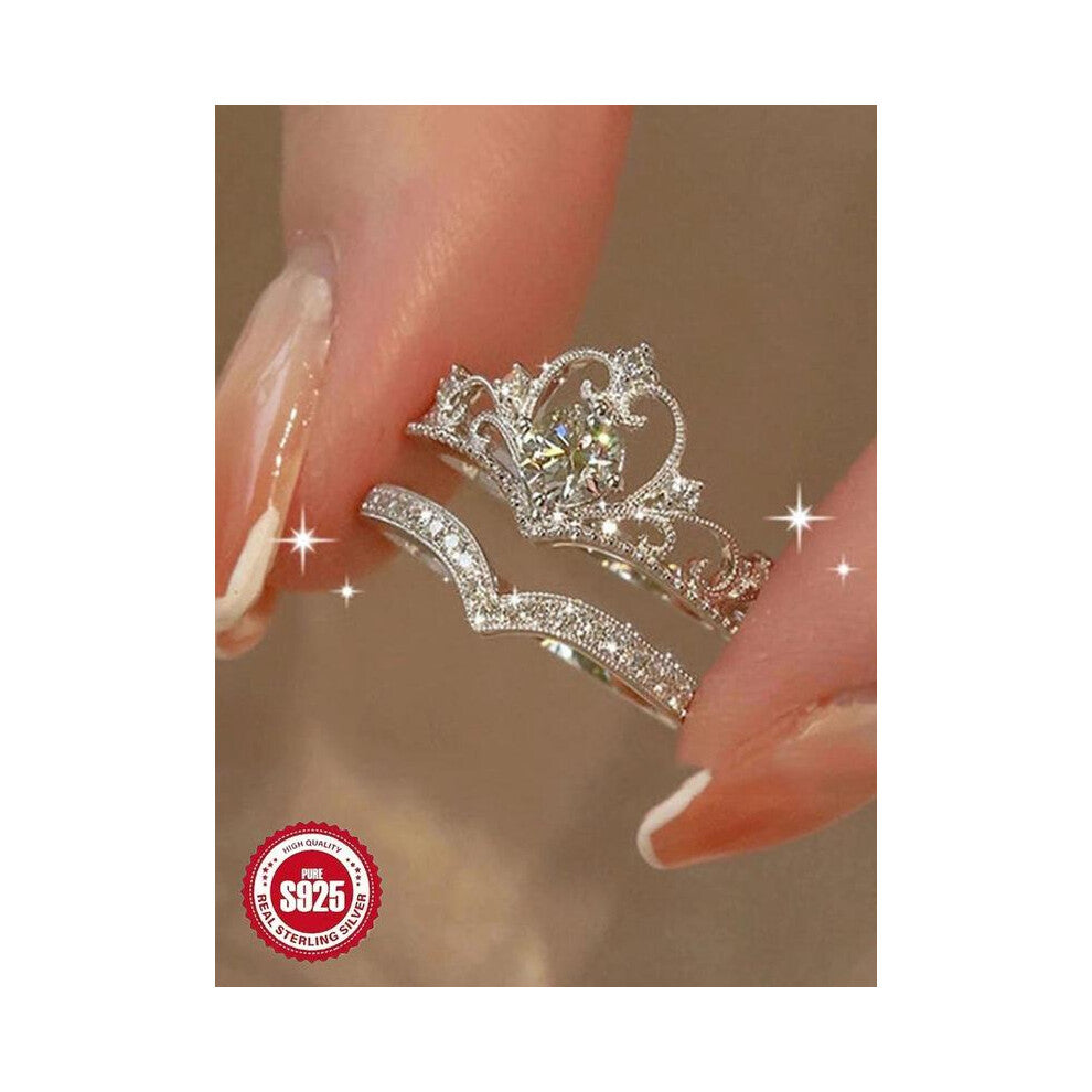 (Silver, Ordinary gift box) S925 Sterling Silver Crown Design Artificial Gemstone Ring, Elegant Engagement Ring for Women, Trendy All-match & Exquisit