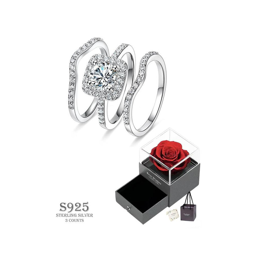 (Silver - Rose Gift Box, 6) S925 Sterling Silver Women's Elegant Square Shaped Zirconia Ring, Exquisite Trendy Ring, Fashionable Jewelry Accessories f