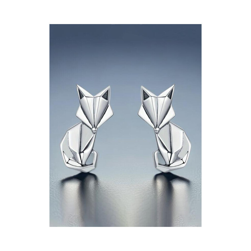 (Silver, Rose gift box) Elegant Cute 925 Sterling Silver Origami Fox Earrings, Women's Cartoon Jewelry with Gift Box, Perfect for Daily Wear