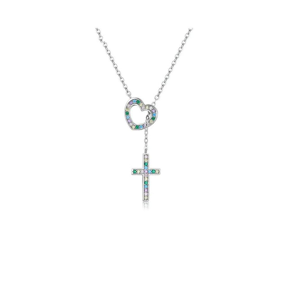 (Silver, Rose gift box) 1 piece of s925 pure silver precision inlaid colorful zircon heart cross necklace, adjustable and retractable collarbone chain