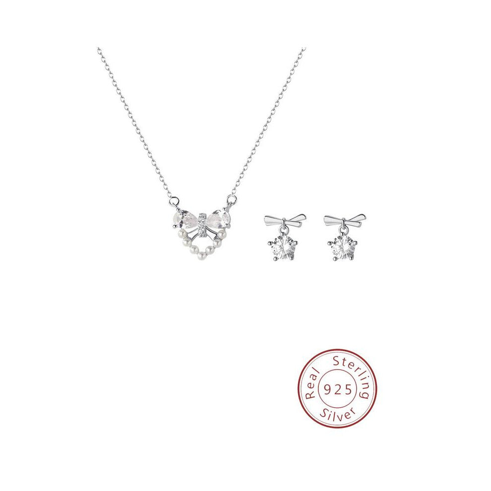 (Silver, one size fits all) 925 Sterling Silver Cute Bowknot Design Pendant Necklace & Earrings, Fashion Jewelry for Party, Daily Decor, Trendy All-ma