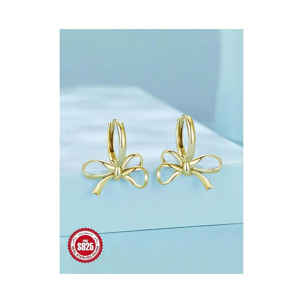 (Golden, Ordinary gift box) S925 Sterling Silver Simple Temperament Bow Design Earrings, Fashion Jewelry for Party, Daily Clothing Decor, Trendy All-m