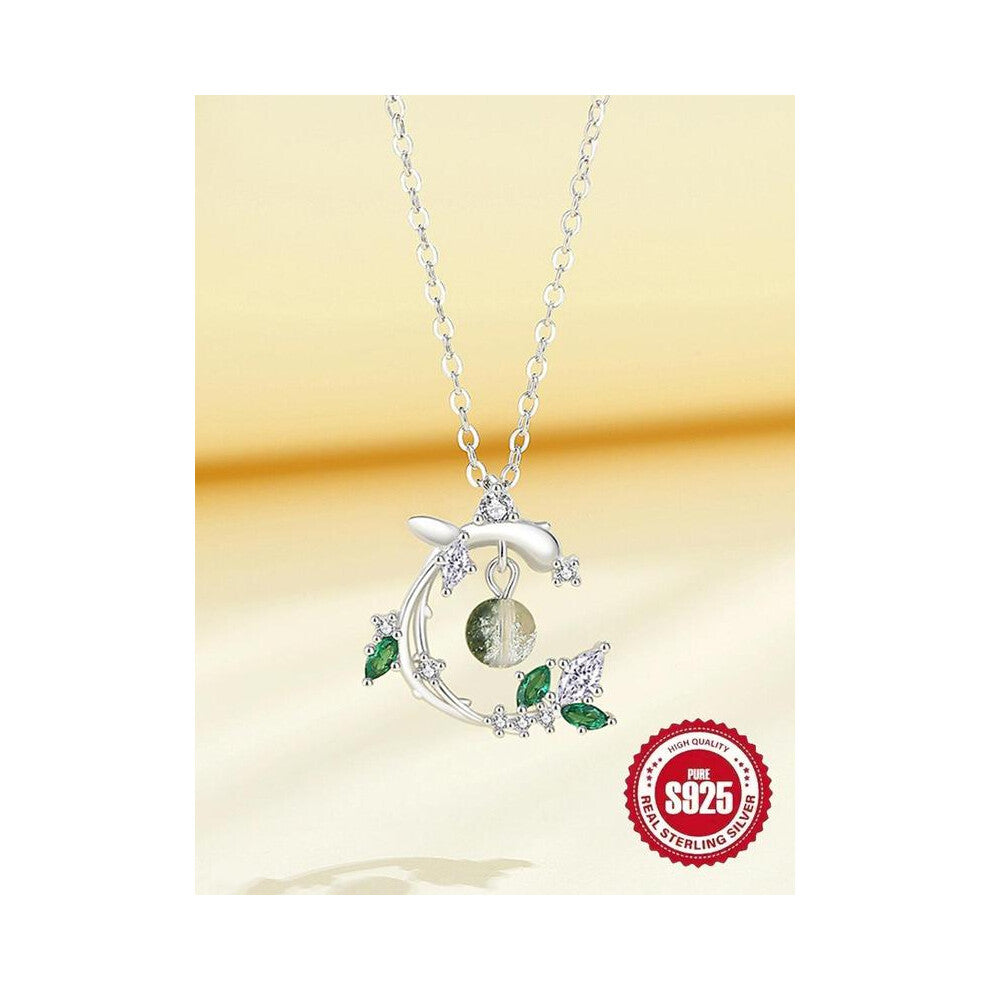 (Silver, one-size) S925 Sterling Silver Cute Leaf Design Artificial Zircon Pendant Necklace for Women, Fashion Jewelry for Party, Daily Clothing Decor