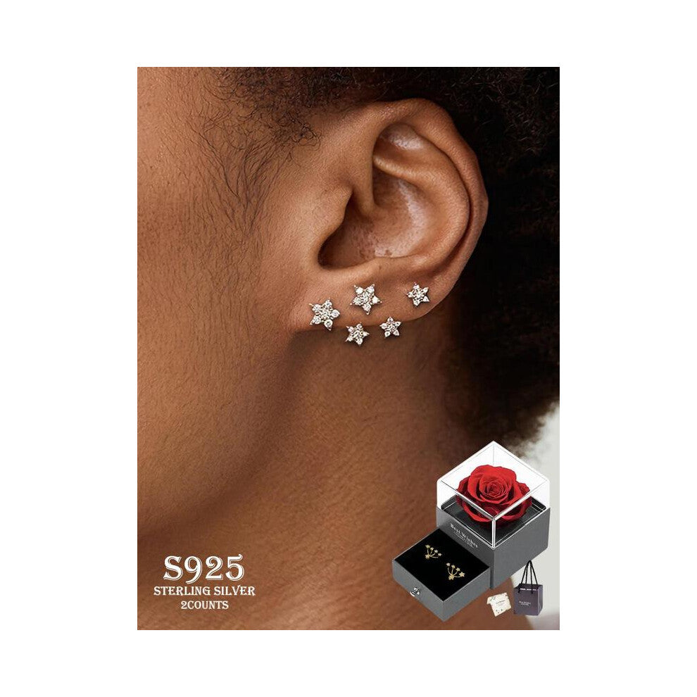 (Multicolor1, one-size) S925 Sterling Silver Star Design Cartilage Stud Earrings, Fashionable Earrings for Women & Girls, Trendy All-match & Exquisite