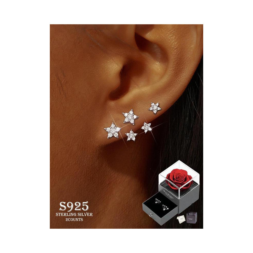 (Multicolor2, one-size) S925 Sterling Silver Star Design Cartilage Stud Earrings, Fashionable Earrings for Women & Girls, Trendy All-match & Exquisite
