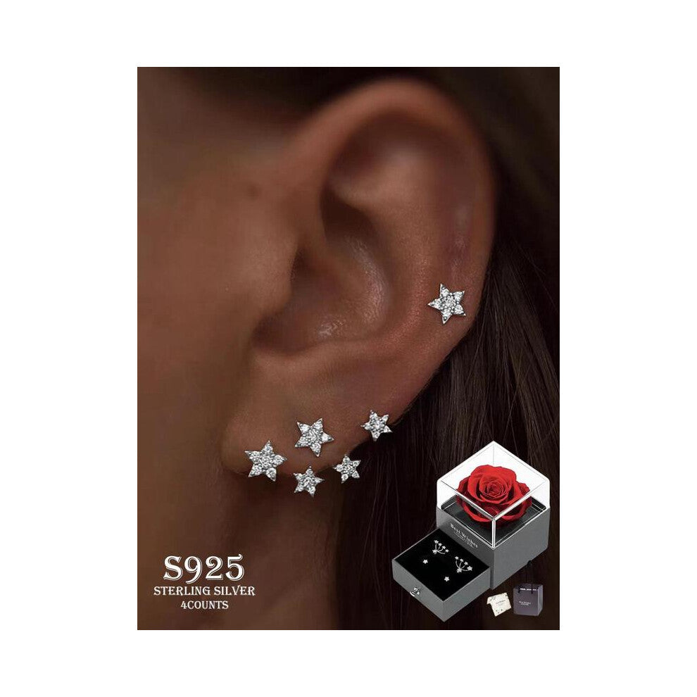 (Multicolor3, one-size) S925 Sterling Silver Star Design Cartilage Stud Earrings, Fashionable Earrings for Women & Girls, Trendy All-match & Exquisite