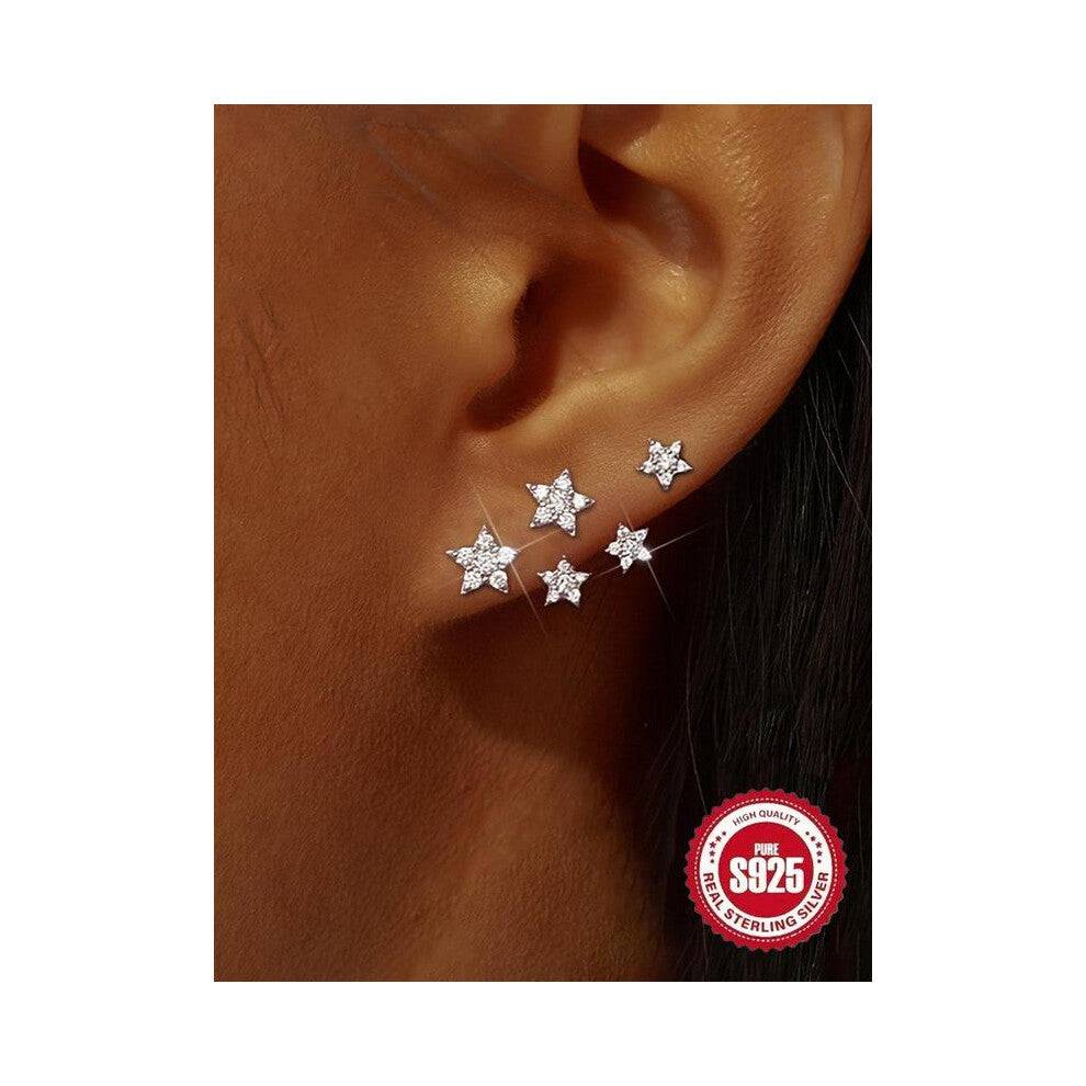 (Silver, one-size) S925 Sterling Silver Star Design Cartilage Stud Earrings, Fashionable Earrings for Women & Girls, Trendy All-match & Exquisite Jewe