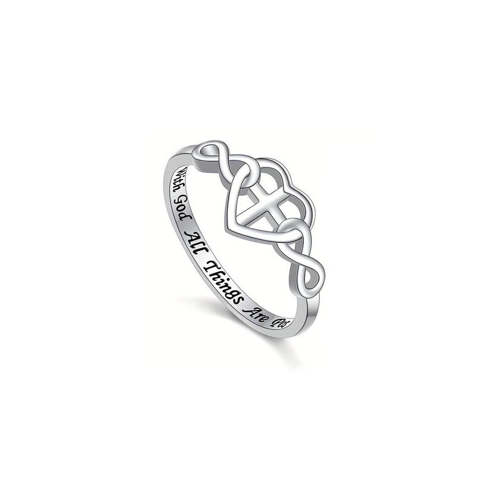 (Silver - Rose Gift Box, 9) S925 Sterling Silver Cross & Heart Design Ring, Fashion Jewelry for Party, Daily Clothing Decor, Trendy All-match & Exquis