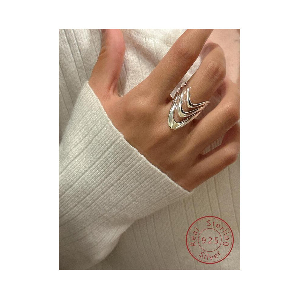 (Silver, one-size) S925 Sterling Silver Fashionable Multi-layer Cuff Design Ring, Fashion Jewelry for Party, Daily Clothing Decor, Trendy All-match