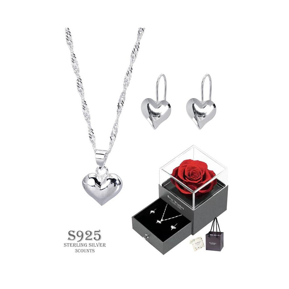 (necklace+earrings+gift box, one-size) S925 Sterling Silver Heart Shaped Pendant Necklace for Women, Adjustable Necklace for Gift with Box, Elegant Je