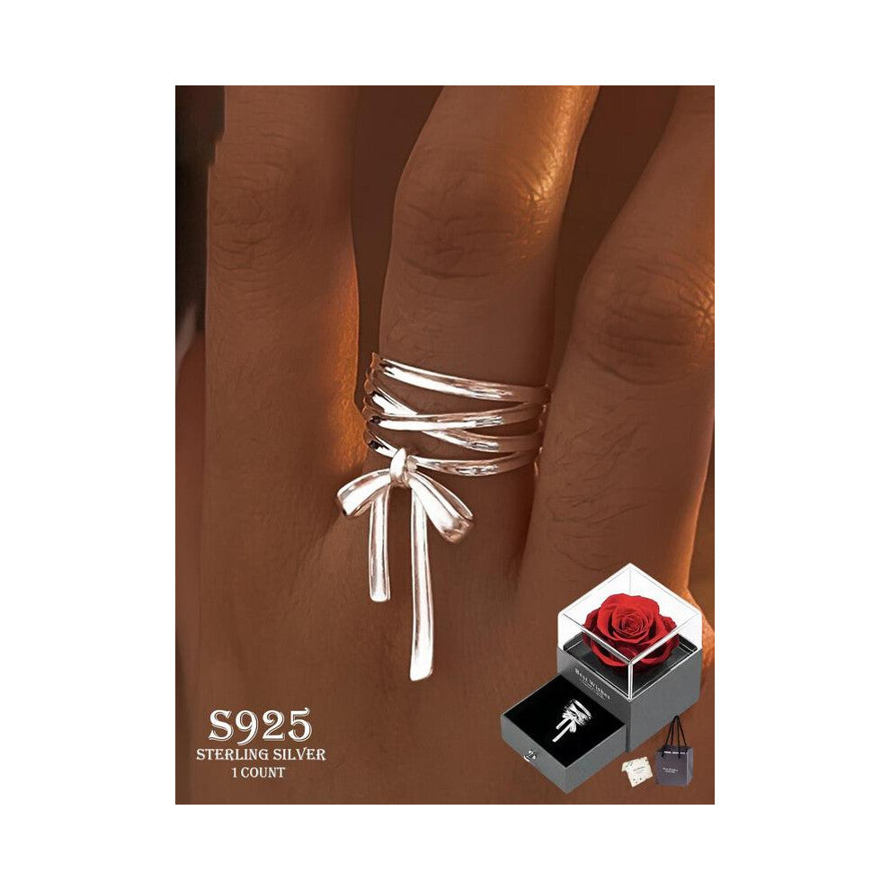 (ring with gift box, one-size) S925 Sterling Silver Cute Bowknot Design Ring, Adjustable Ring for Women, Fashion Jewelry Accessories for Party, Daily