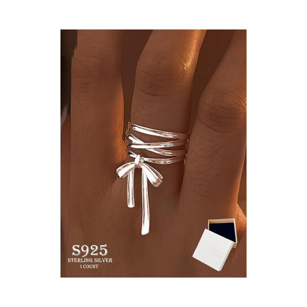 (Silver, one-size) S925 Sterling Silver Cute Bowknot Design Ring, Adjustable Ring for Women, Fashion Jewelry Accessories for Party, Daily Clothing Dec