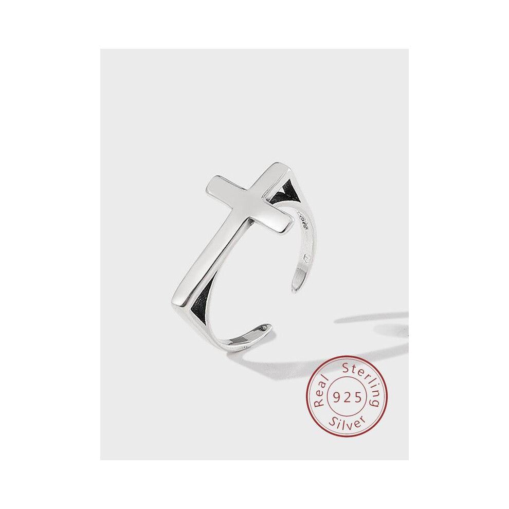 (Silver, one-size) S925 Sterling Silver Vintage Cross Design Cuff Ring, Fashion Jewelry for Party, Daily Clothing Decor, Trendy All-match & Exquisite