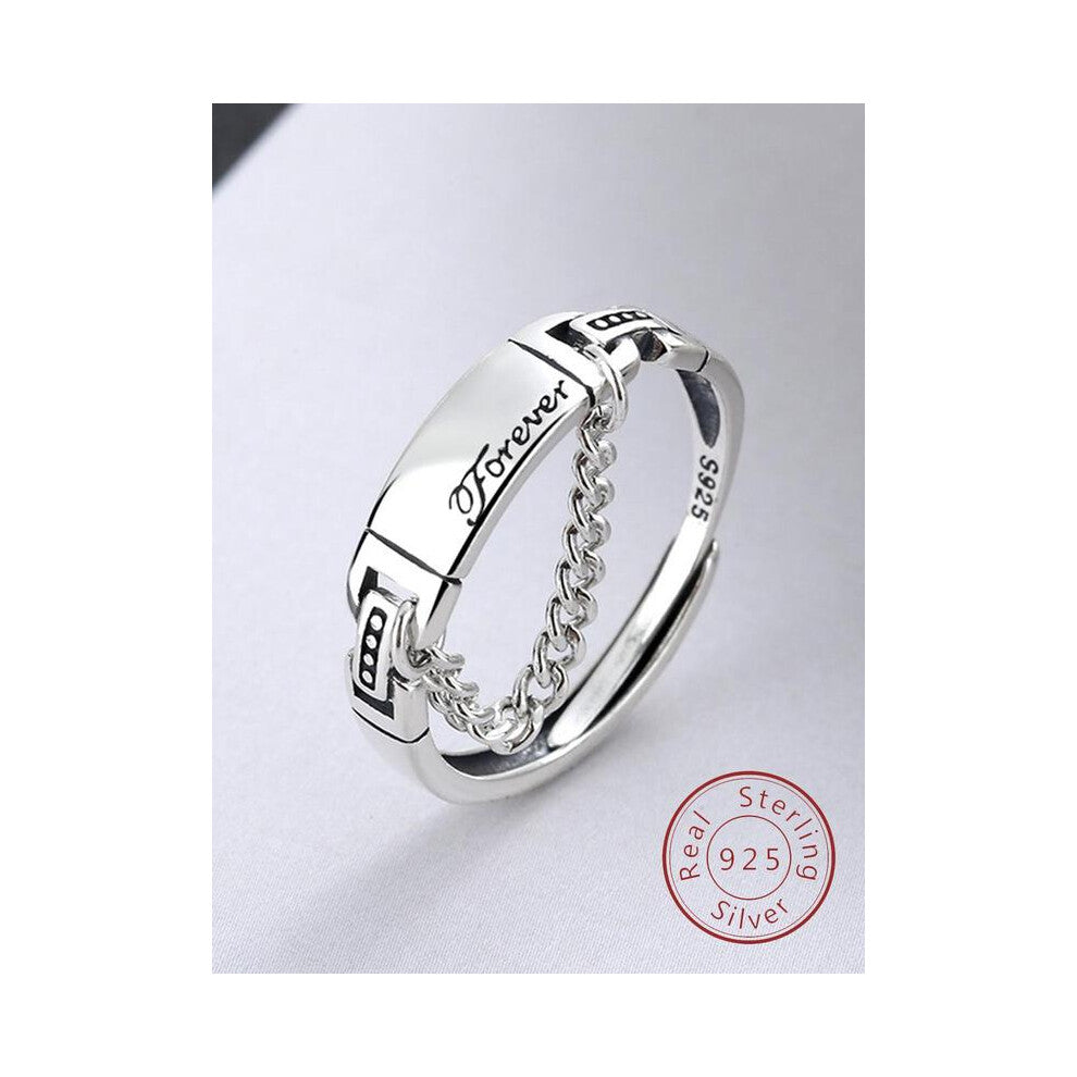 (Silver, rose gift box) 925 Sterling Silver Vintage Letter Chain Ring, Adjustable Open Ring, Fashion Jewelry Accessories for Women & Men