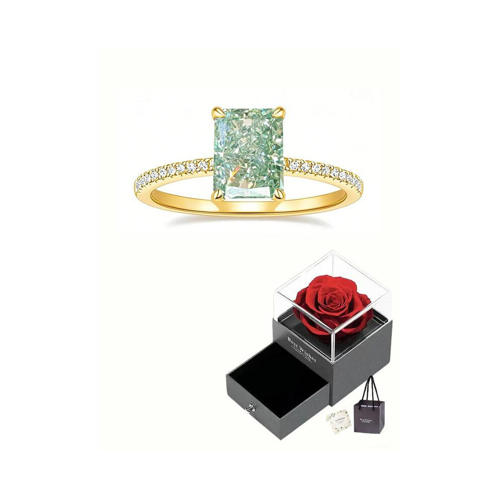 (Gold - Rose Gift Box, US: 8) Women's Zircon Ring, Princess Cut S925 Silver Color Engagement & Proposal Jewelry Gift for Her, Elegant Design