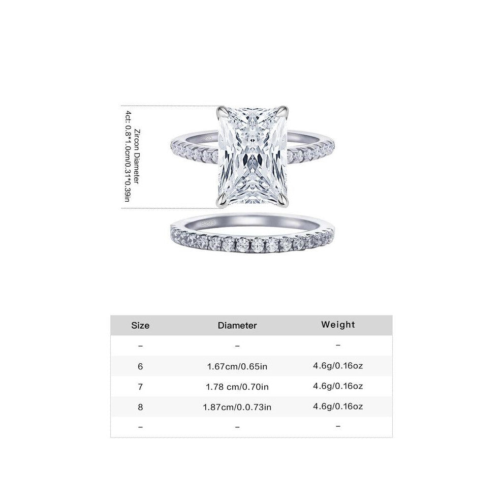 (2-piece set - ordinary gift box, 7) 4 Carat Radiant Cut Zircon Stackable Ring Set in Silver Color, S925 Silver Engagement and Promise Rings for Women