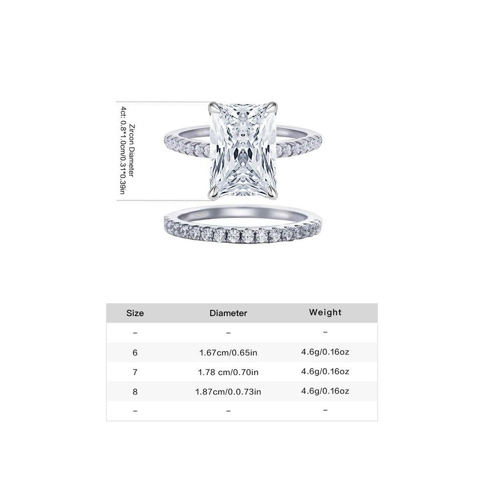 (2-Piece Set - Rose Gift Box, 7) 4 Carat Radiant Cut Zircon Stackable Ring Set in Silver Color, S925 Silver Engagement and Promise Rings for Women