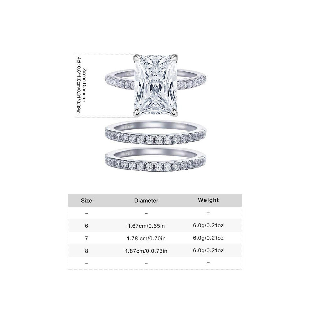 (3-Piece Set - Rose Gift Box, 8) 4 Carat Radiant Cut Zircon Stackable Ring Set in Silver Color, S925 Silver Engagement and Promise Rings for Women