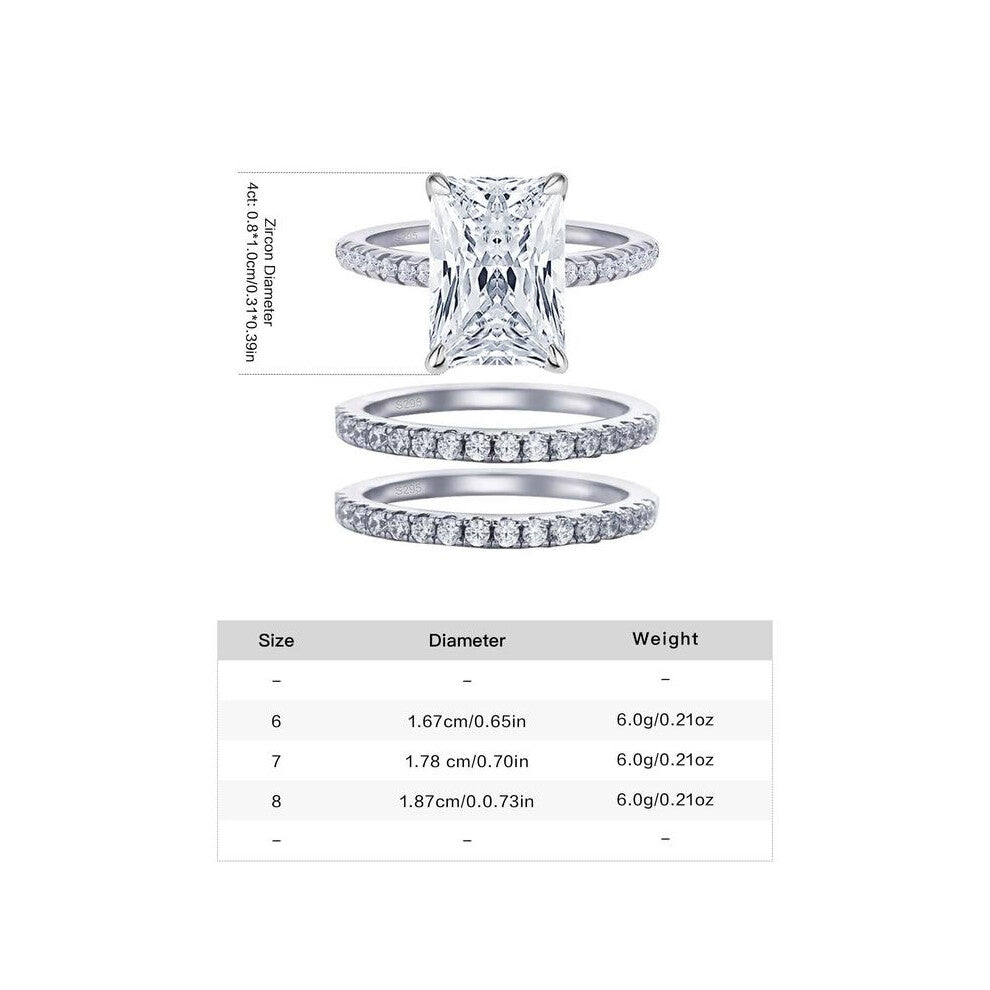 (Silver - Three Piece Set, 8) S925 Sterling Silver 4 Carat Radiant Cut Zirconia Ring, Stackable Engagement Ring, Fashion Accessories for Women, Trendy