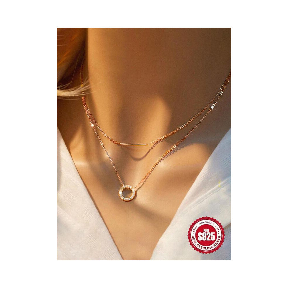 (Rose Gold, one-size) 925 Sterling Silver Rhinestone Decor Ring Design Layered Necklace, Fashion Jewelry for Party, Daily Clothing Decor, Trendy All-m