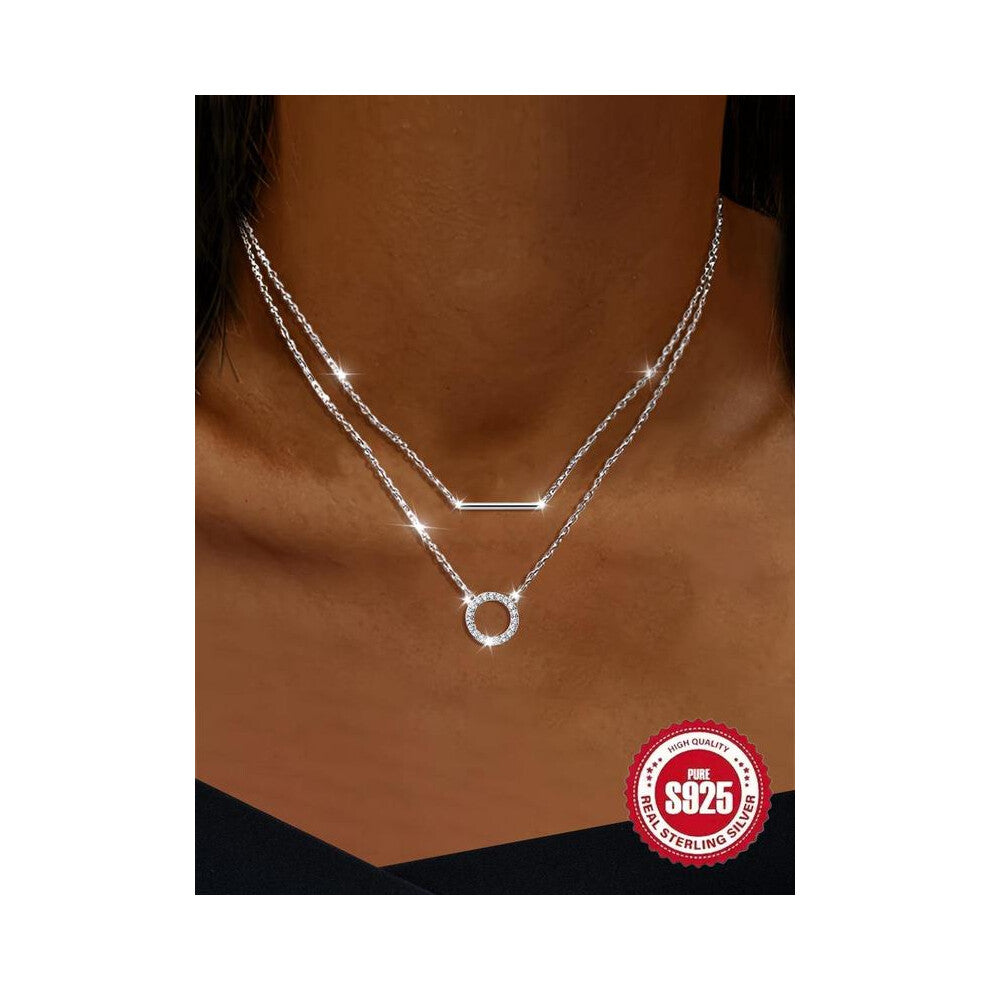 (Silver, one-size) 925 Sterling Silver Rhinestone Decor Ring Design Layered Necklace, Fashion Jewelry for Party, Daily Clothing Decor, Trendy All-matc