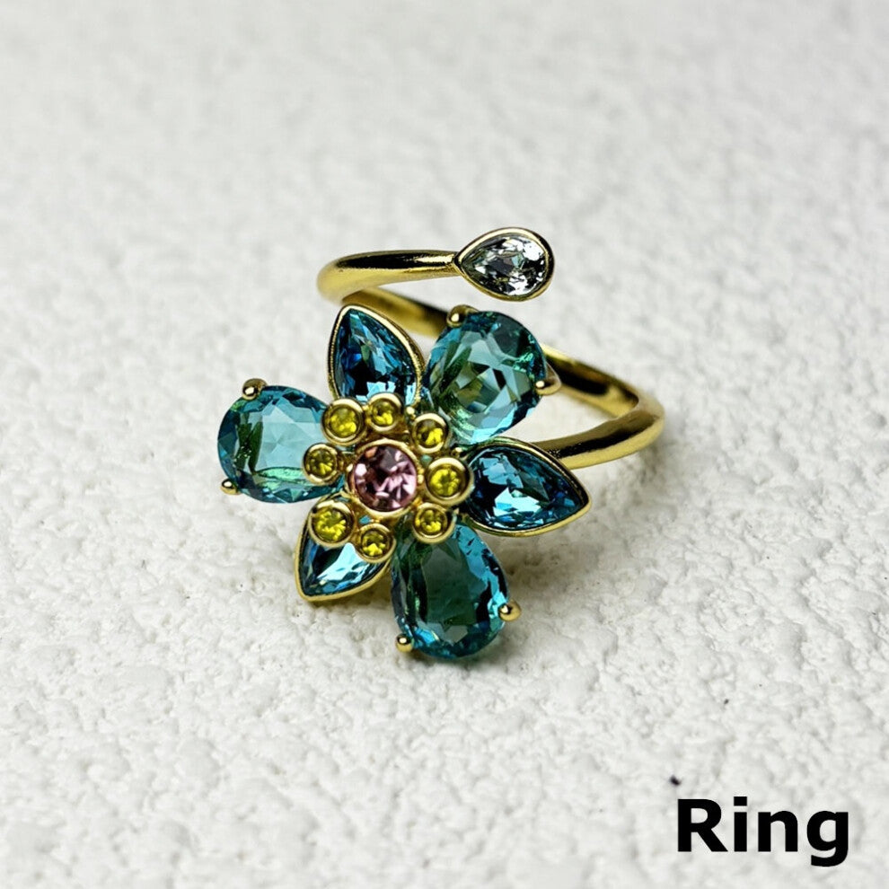 (Open Ring1) S Original Charms New Fine Jewelry Set Three Flowers Earrings Pink Necklace Bracelet Rings for Women Romantic Accessories