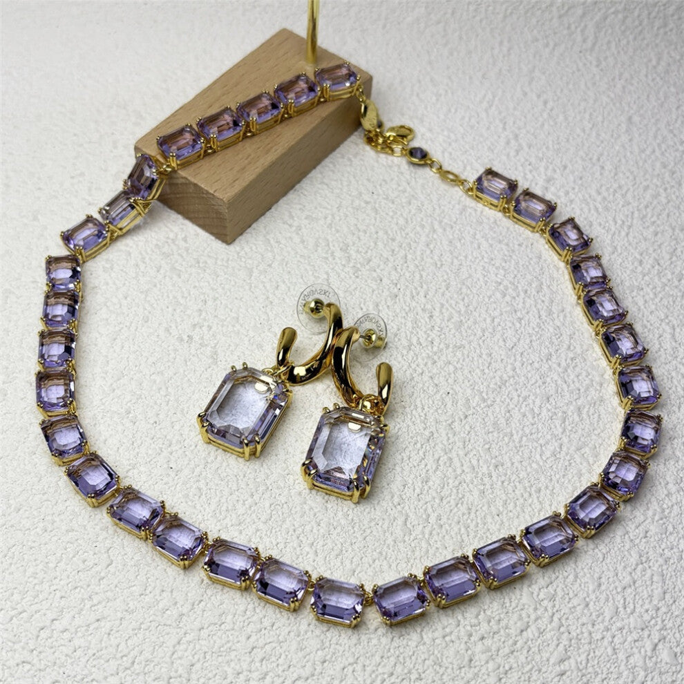 (Set1) S Original 2025 Purple Zircon Crystal Necklace Fine Jewelry Set for Women Stainless Steel Geometric Earrings Brooch Romantic Gift