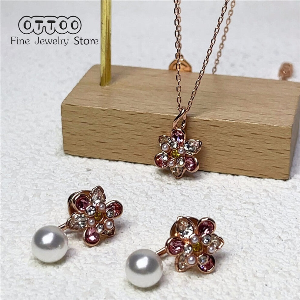 (Set2) S Original 2025 New Fine Jewelry Set Charms Pink Flowers Earrings Necklace Bracelet Rings for Women Romantic Accessories