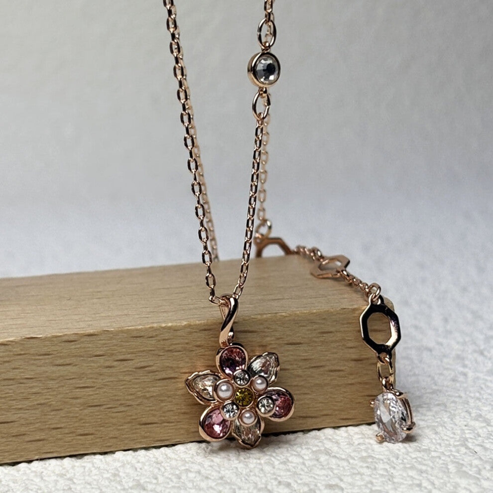 (Gold) S Original Charms New Fine Jewelry Set Three Flowers Earrings Pink Necklace Bracelet Rings for Women Romantic Accessories